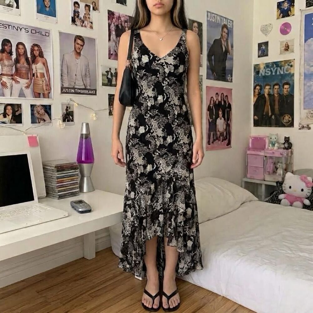 Alex Evenings Black Fairycore Floral Beaded Silk Ruffle Dress Size 10 Bias Cut